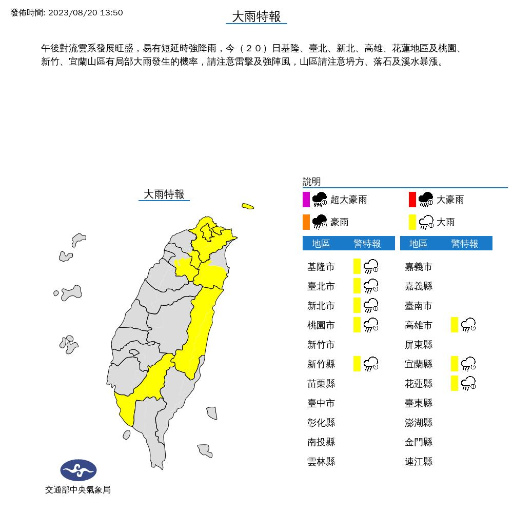 基隆、台北、新北、高雄、花蓮地區及桃園、新竹、宜蘭山區有局部大雨發生的機率。(圖/氣象局)
