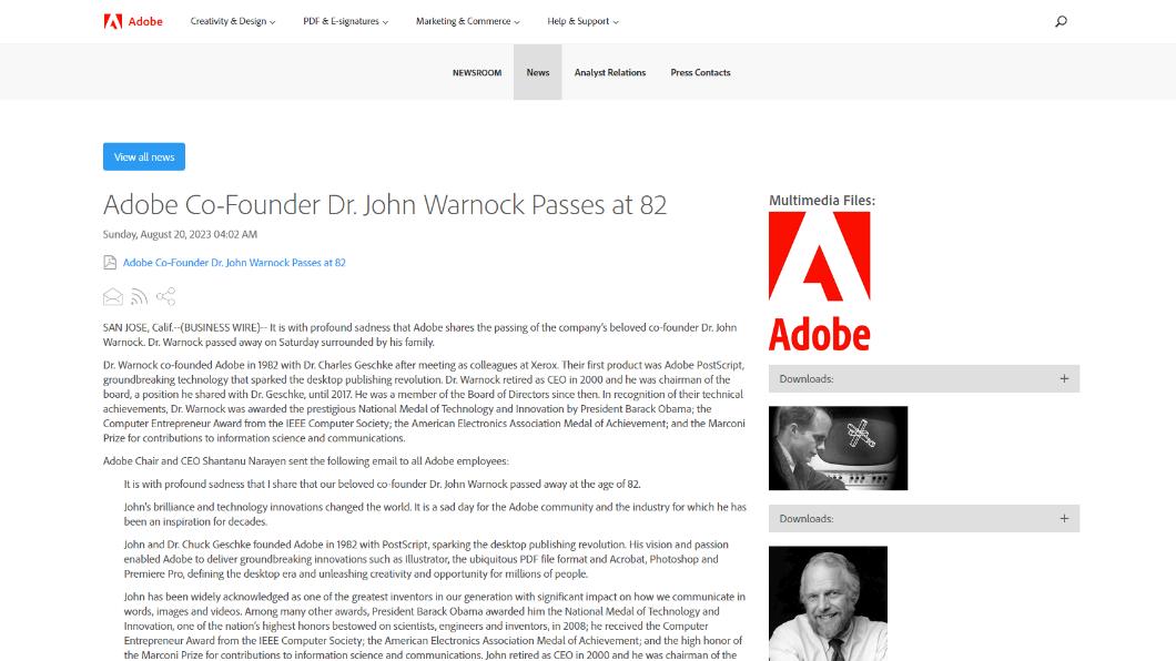 Adobe親證John Warnock消息並感懷悼念。(圖/翻攝自Adobe官網)