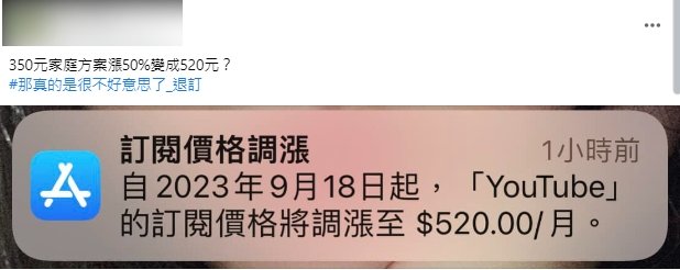 有網友收到YouTube訂閱價格調漲訊息,相當無奈喊退訂。(圖/翻攝自爆怨公社臉書社團)