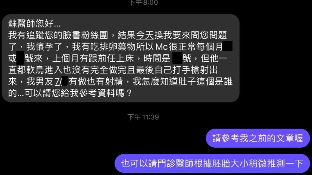 女網友來訊問孩子的爸是誰?(圖/翻攝自蘇怡寧醫師愛碎念臉書粉專)