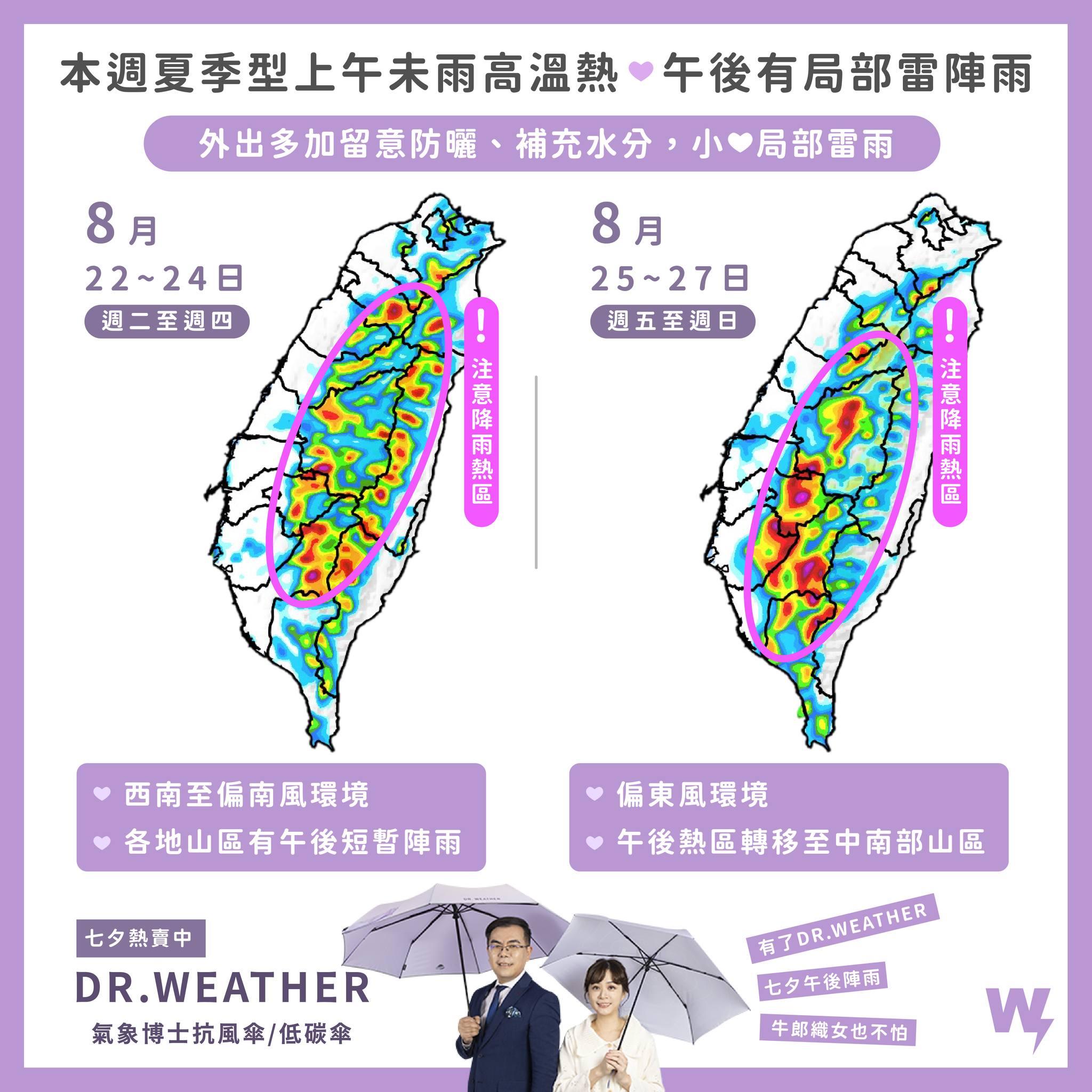 本週天氣為典型夏季型天氣型態，上午悶熱，下午將有雷雨。（圖／翻攝自天氣風險 WeatherRisk）