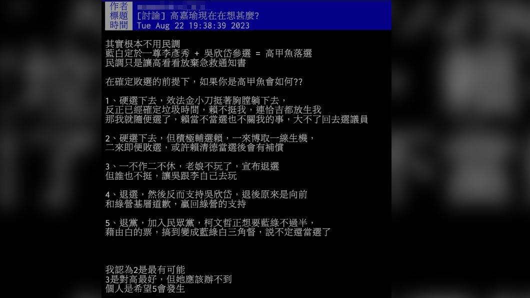 網友分析若高嘉瑜在確定敗選的前提下，有5個選擇。（圖／翻攝自PTT）
