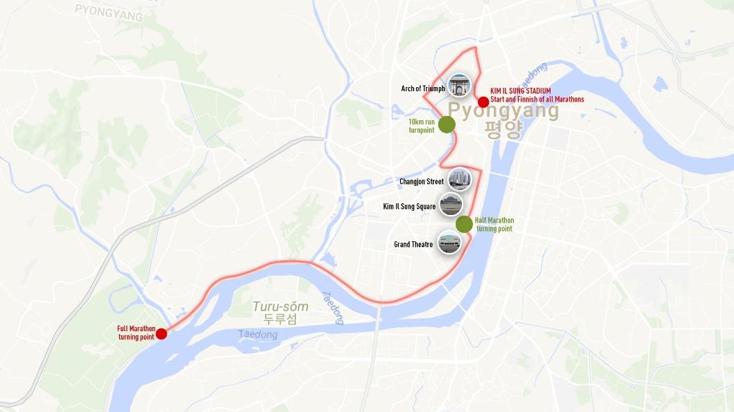 2024年平壤馬拉松將在4月登場,路跑線路將沿著大同江前進,終點在金日成體育場。(圖/翻攝自Pyongyang Marathon官網)