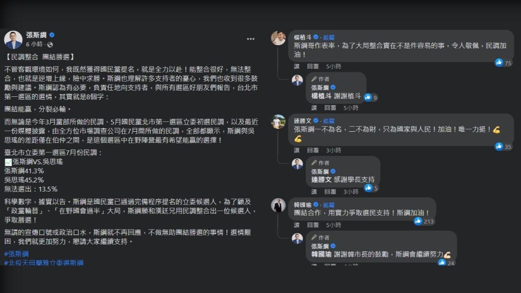 不少黨內同志聲援張斯綱。(圖/翻攝自臉書)