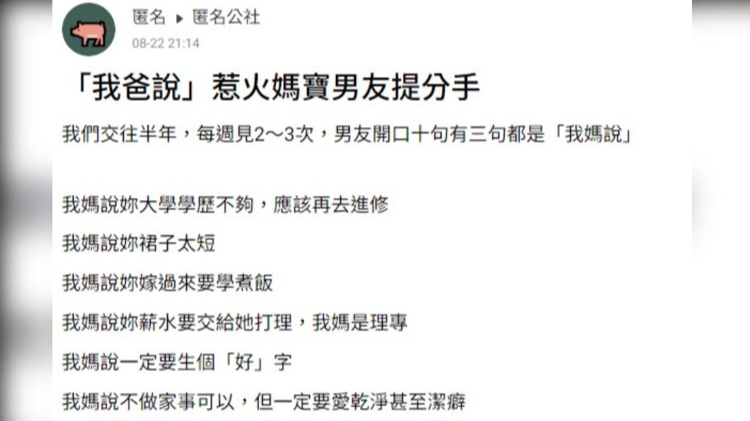 網友表示,男友經常把「我媽說」掛嘴邊。(圖/翻攝自匿名公社)