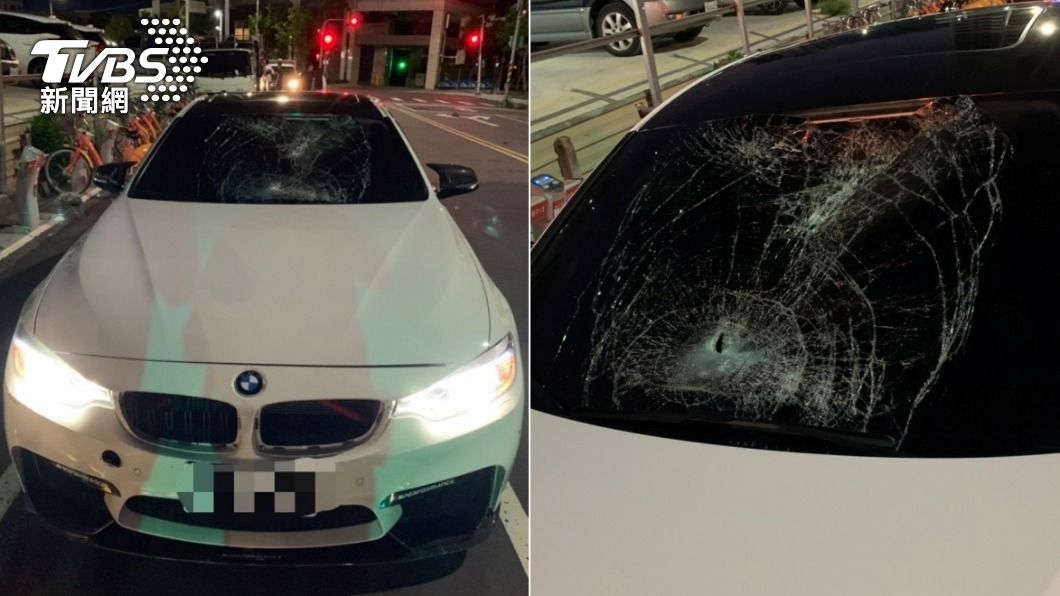 肇事的BMW轎車擋風玻璃破裂。(圖/TVBS)