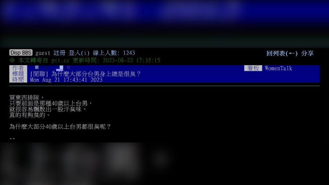 原PO好奇詢問「為甚麼大部分台男身上總是很臭?」(圖 / 翻攝自PTT)