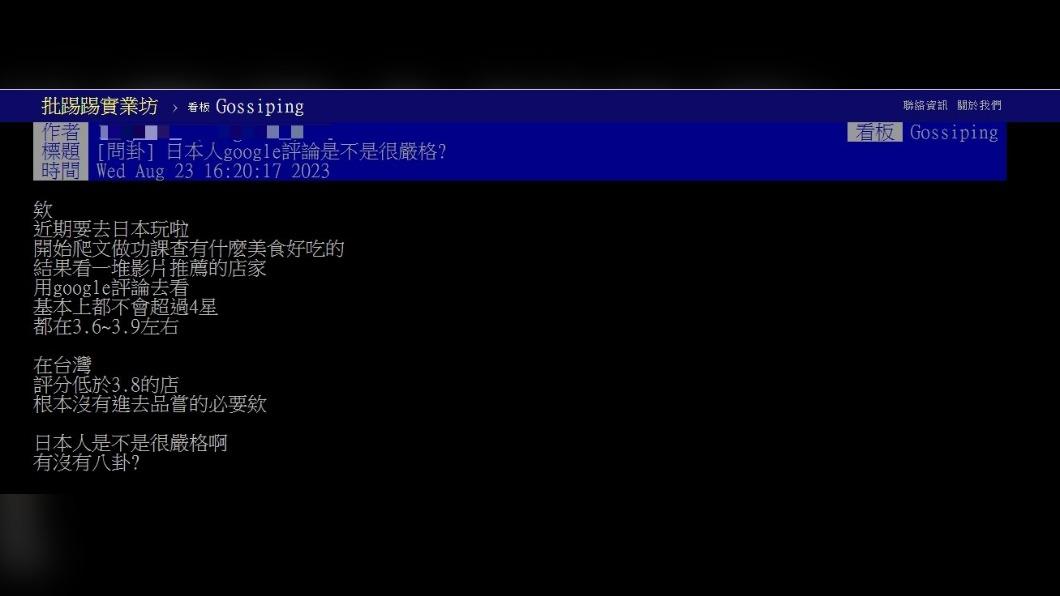 原PO發文詢問「日本人google評論是不是很嚴格?」(圖 / 翻攝自PTT)