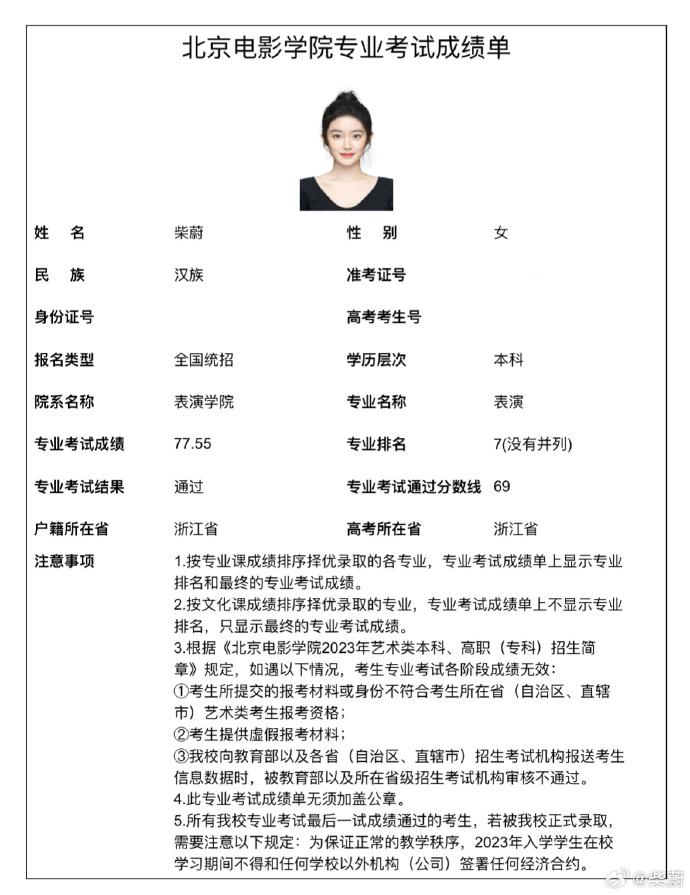 柴蔚秀出成績單。(圖/翻攝自柴蔚微博)