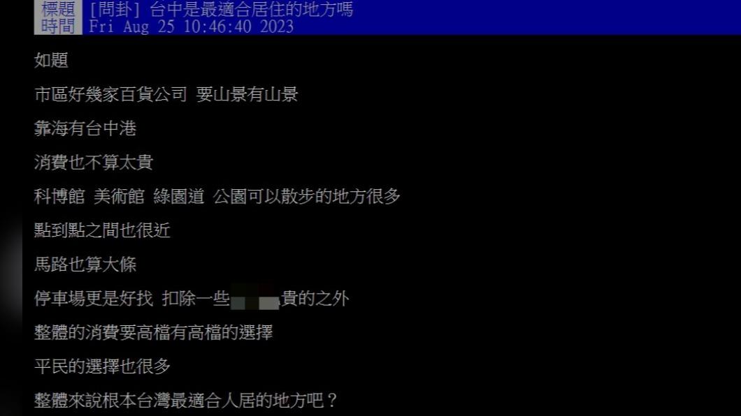 網友好奇，台中是否為最宜居縣市。（圖／翻攝自PTT）