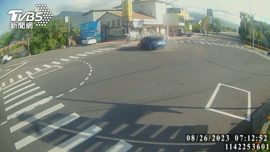 重機騎士遭藍色小客車撞飛約2層樓高。（圖／TVBS）
