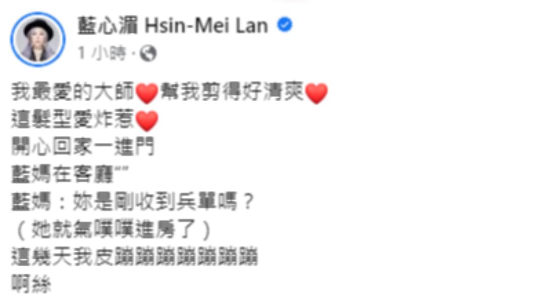 藍心湄發文分享剪髮後的趣事。(圖/翻攝自藍心湄FB)