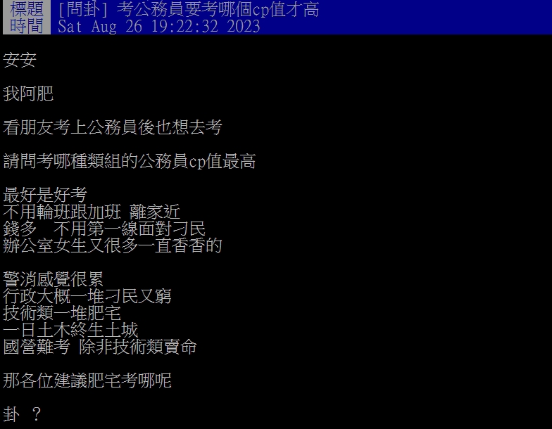 網友好奇高CP值的公務員有哪些,引起網友熱議。(圖/翻攝自PTT)