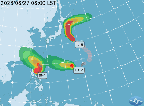 強颱蘇拉與將成型的海葵颱風恐將產生藤原效應。(圖/翻攝自中央氣象局官網)