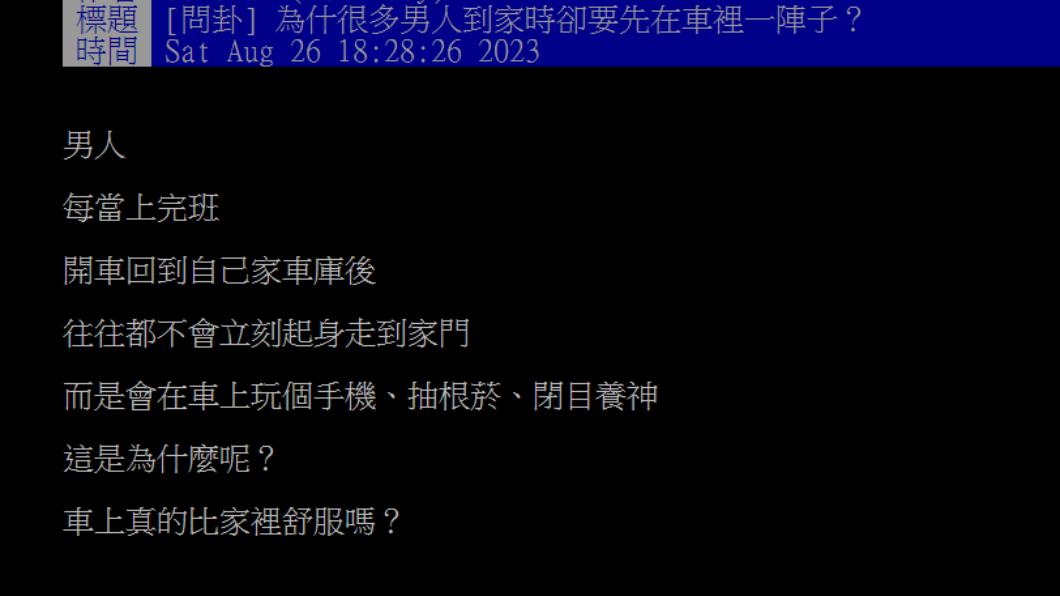 網友好奇男人上完班回到車庫卻不會直接回家的原因。(圖/翻攝自PTT)