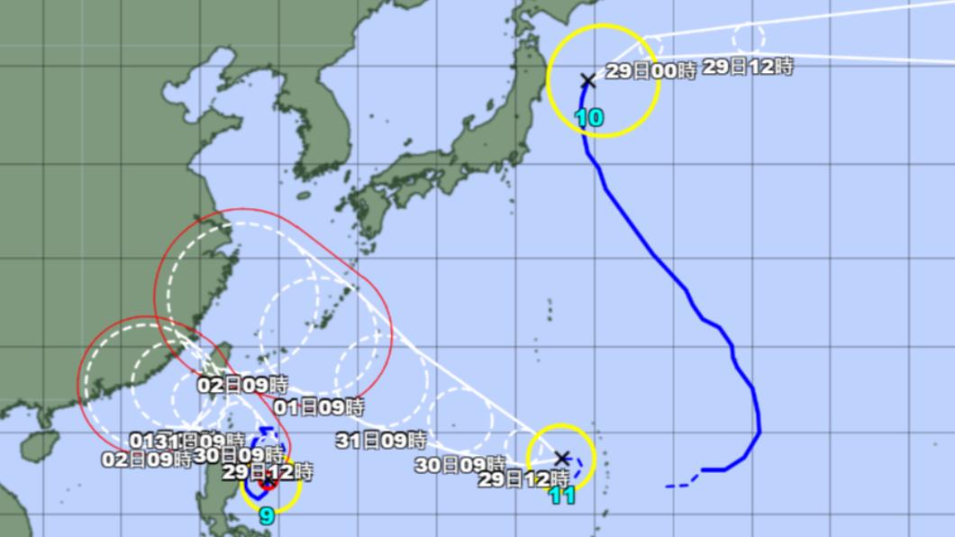 西太平洋海面上三颱共舞，相當不平靜。（圖／翻攝自日本氣象廳網站）