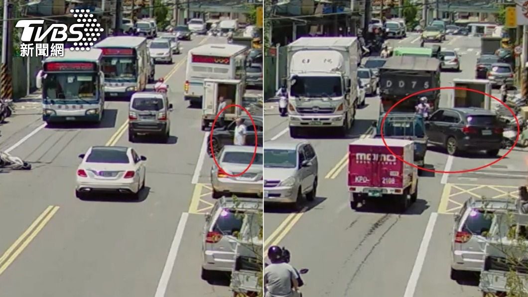 肇事駕駛僅是下車遠望騎士狀況,最後直接開車離開現場。(圖/TVBS)