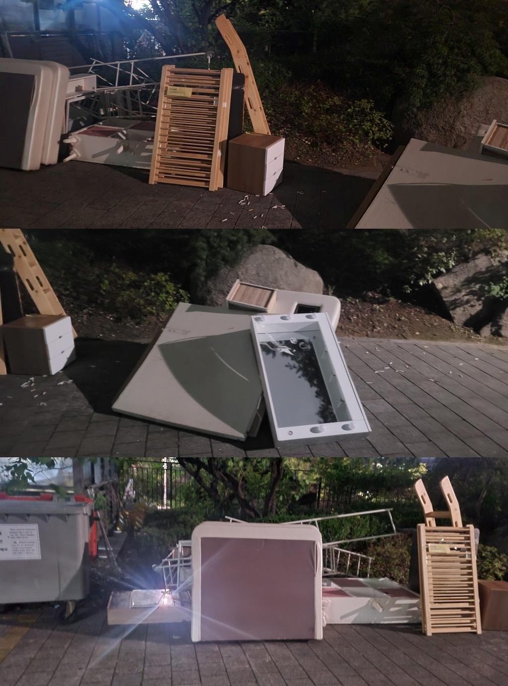 鄰居指出LE SSERAFIM已經搬走,但留下來的大型廢棄家具尚未處理。(圖/翻攝自Nate Pann)