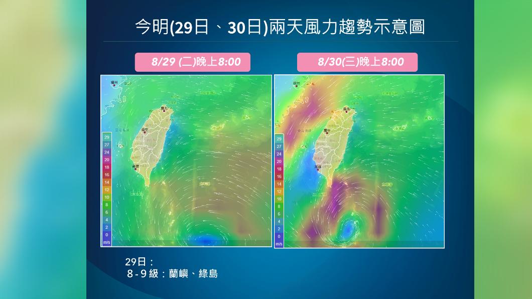 今明兩天風力趨勢示意圖。（圖／氣象局）