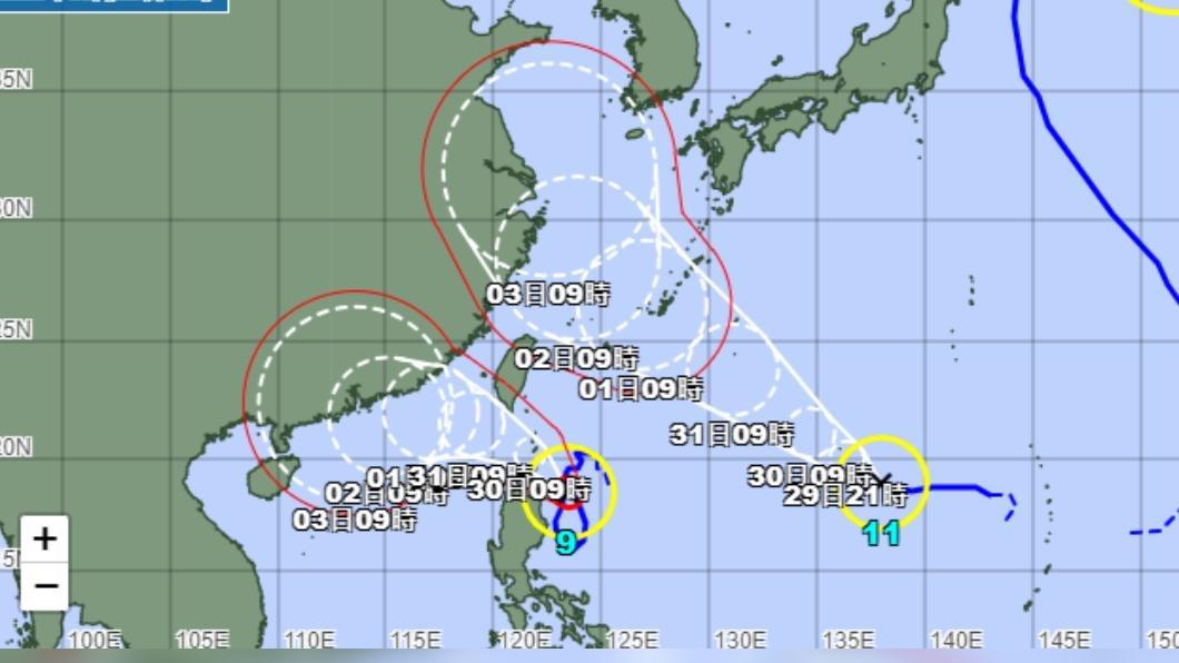 若海葵與蘇拉距離過近,會導致「藤原效應」發生。(圖/翻攝自日本氣象廳)