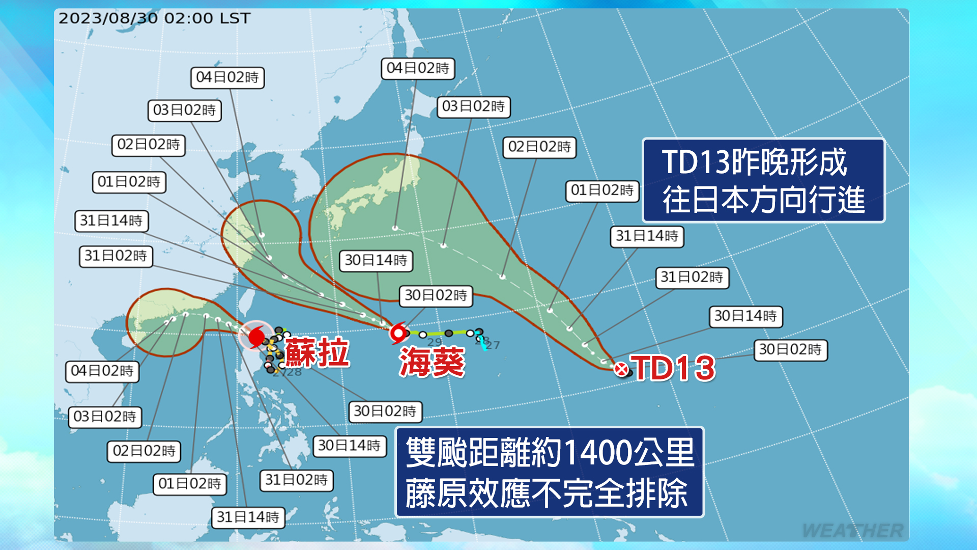 蘇拉、海葵海面雙颱共舞,以及有望生成的新颱風。(圖/氣象局)