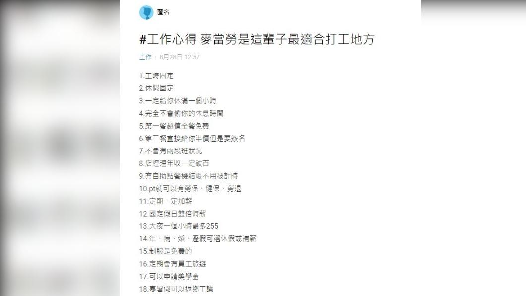 網友分享麥當勞工作心得引發熱議。（圖／翻攝自Dcard）