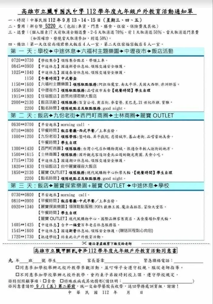 國中畢旅行程曝光，午晚餐都學生自理，家長氣炸。（圖／翻攝自PTT）