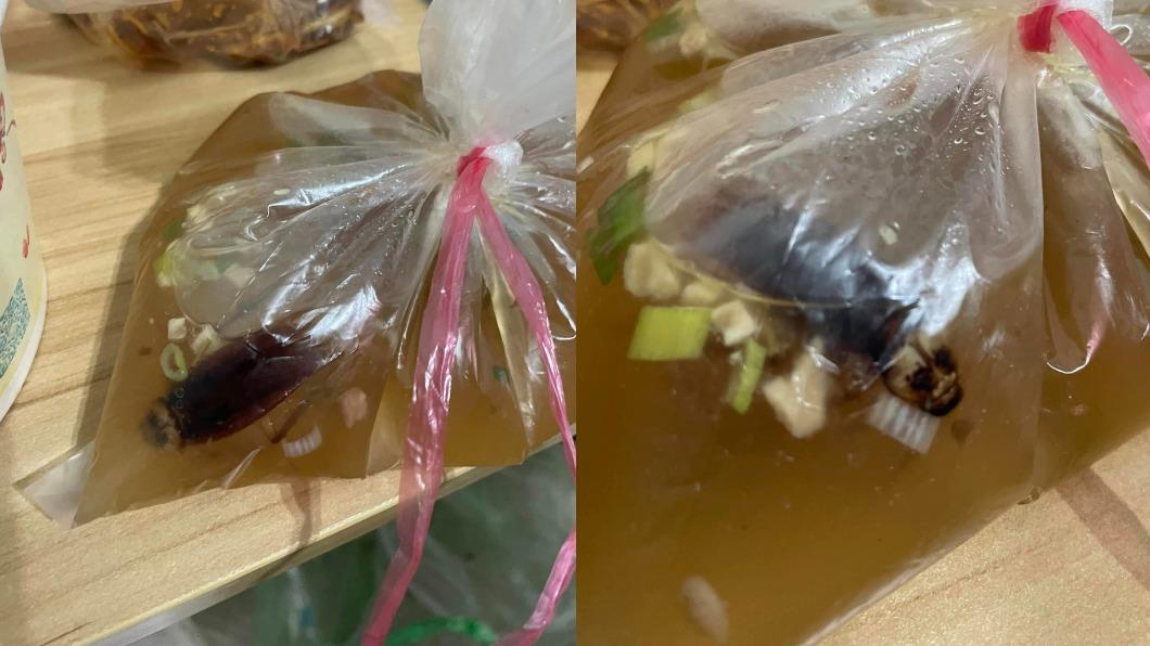 原PO在準備喝湯時，意外發現湯包內漂浮了一隻巨型蟑螂。（圖／翻攝自「爆廢公社二館」臉書）