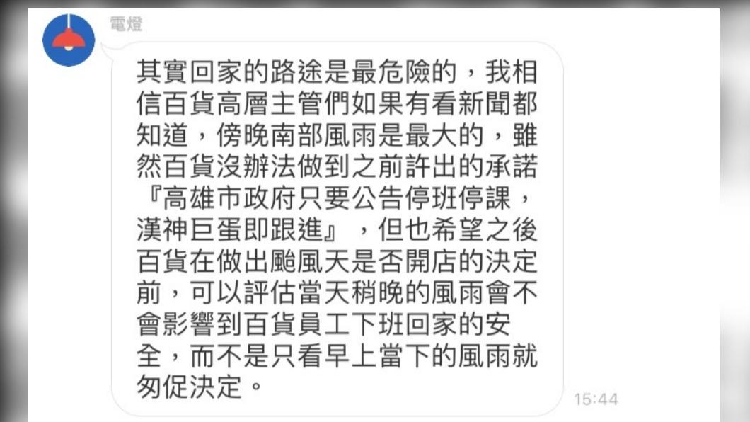 內部員工在百貨群組抗議，下班時間才是最危險的。（圖／民眾提供）