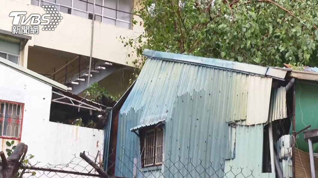 路樹硬生生地壓在鐵皮屋屋頂砸出一個大洞。(圖/TVBS)