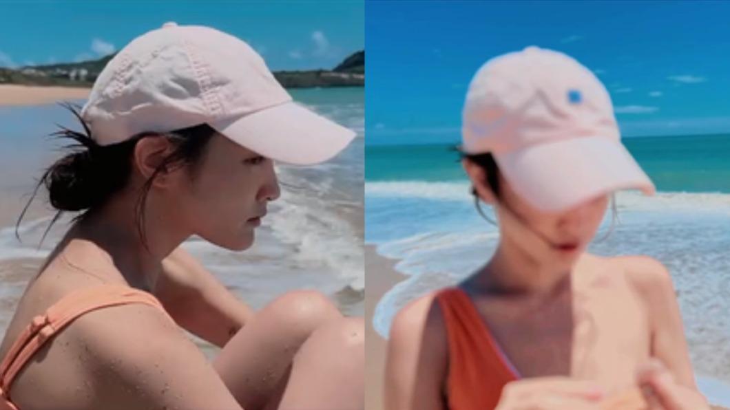 王淨上半身只留下一邊的肩帶。（圖／翻攝自IG@_ginglebellaaa）