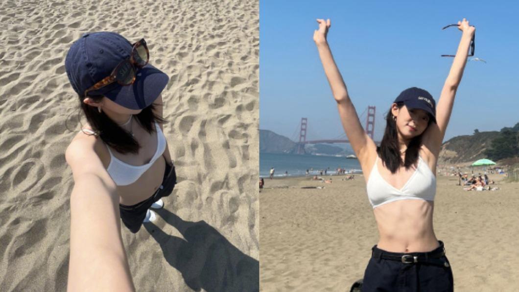 歐陽娜娜享受海灘與陽光，更和粉絲分享俯拍的邪惡視角。（圖／翻攝自歐陽娜娜微博）