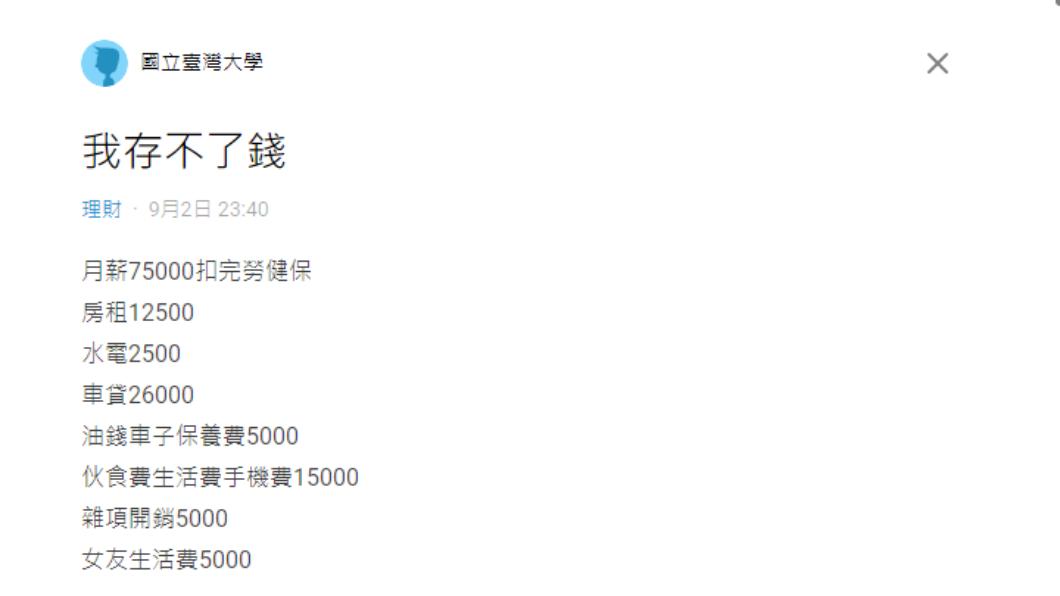 原PO表示自己存不了錢,更列出了支出細項。(圖/翻攝自Dcard)