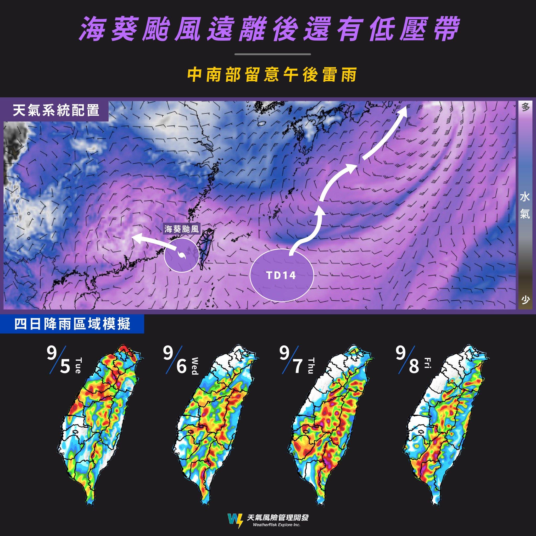 低壓帶接手午後留意大雷雨。(圖/翻攝自天氣風險 WeatherRisk)