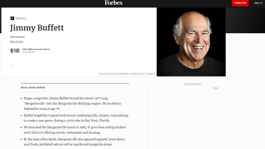 吉米巴菲特曾列入富士比名人富豪排行。(圖/翻攝自Forbes)