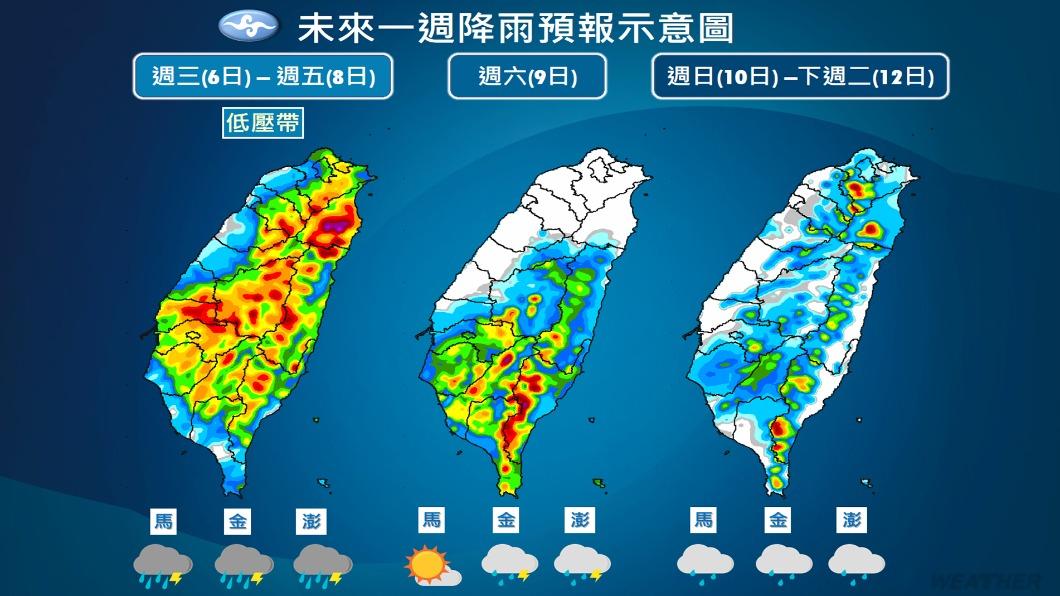 未來一週降雨預報示意圖。(圖/中央氣象局)