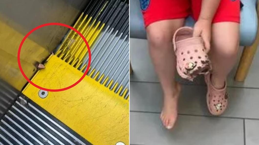 女童的腳趾差點與洞洞鞋一起被捲進手扶梯。(圖/翻攝自Facebook@Olivia Jill)