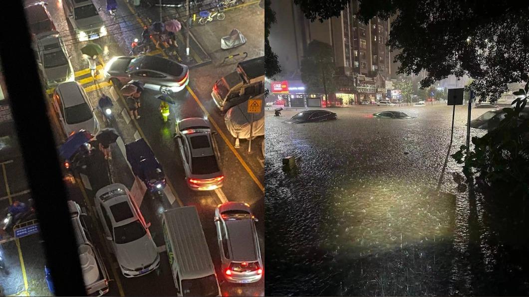 大雨導致交通大亂。(圖/翻攝自微博)
