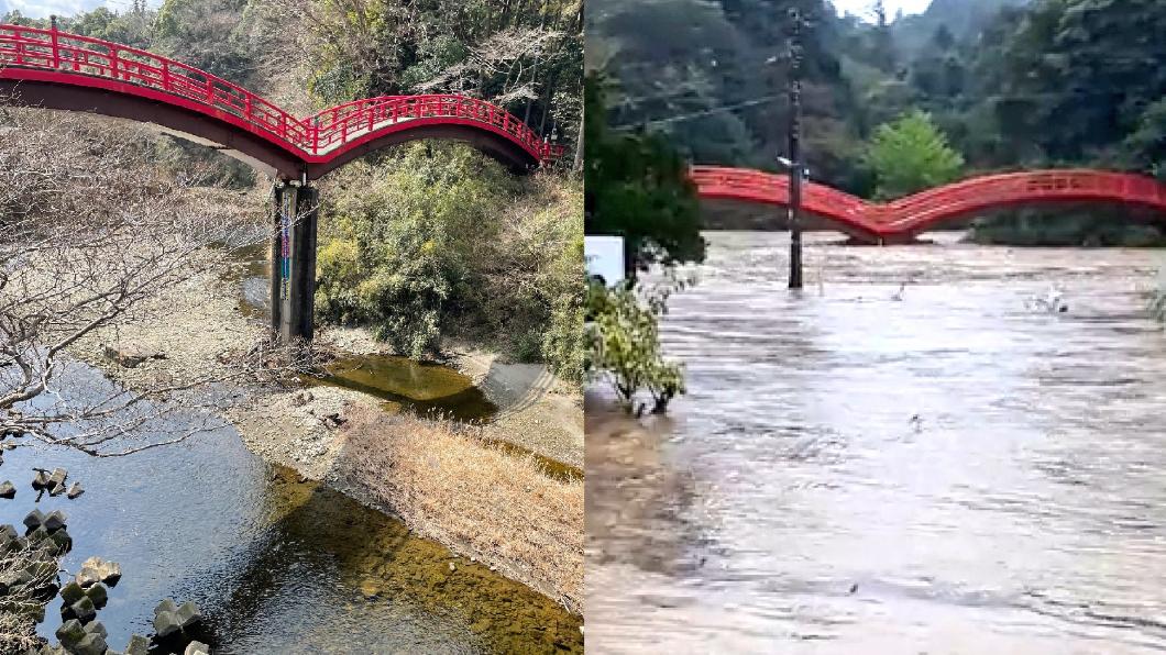 網友貼出養老溪谷前後對比圖,可看出河水嚴重氾濫。(圖/翻攝自@ZanEngineer推特)