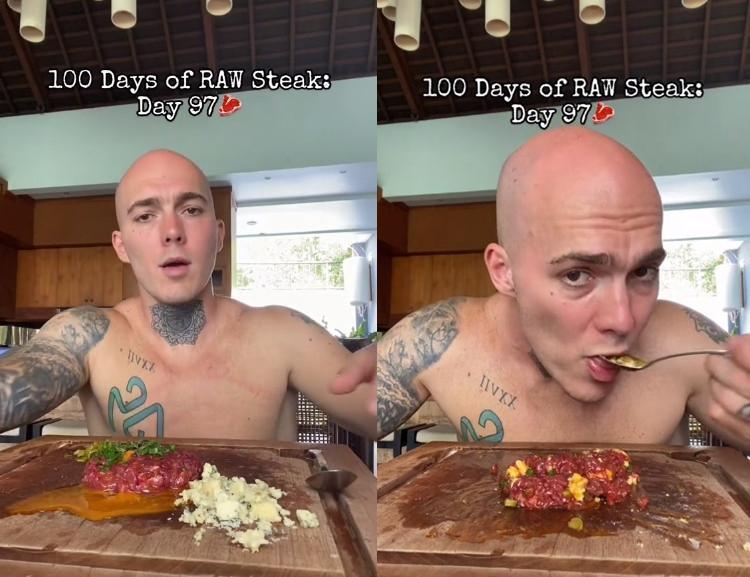 保利在鏡頭前示範吃生牛肉,但相關衛生單位都提醒生食有食物中毒的風險。(圖/翻攝自抖音@Paulylong)