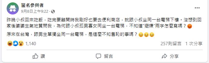 原PO與小叔一起搭電梯,未料卻因此遭到婆婆痛罵一頓。(圖/翻攝自「毒姑九賤婆媳討論區」臉書)