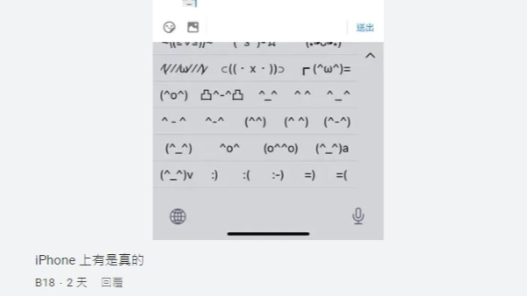 有網友留言,找到確實有手機有預設這組顏文字。(圖/翻攝自Dcard)