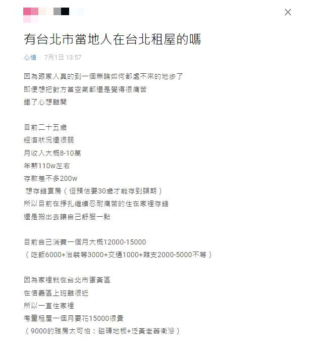 原PO抱怨與家人之間的隔閡過大，讓她有了搬出去自住的念頭。（圖／翻攝自Dcard）