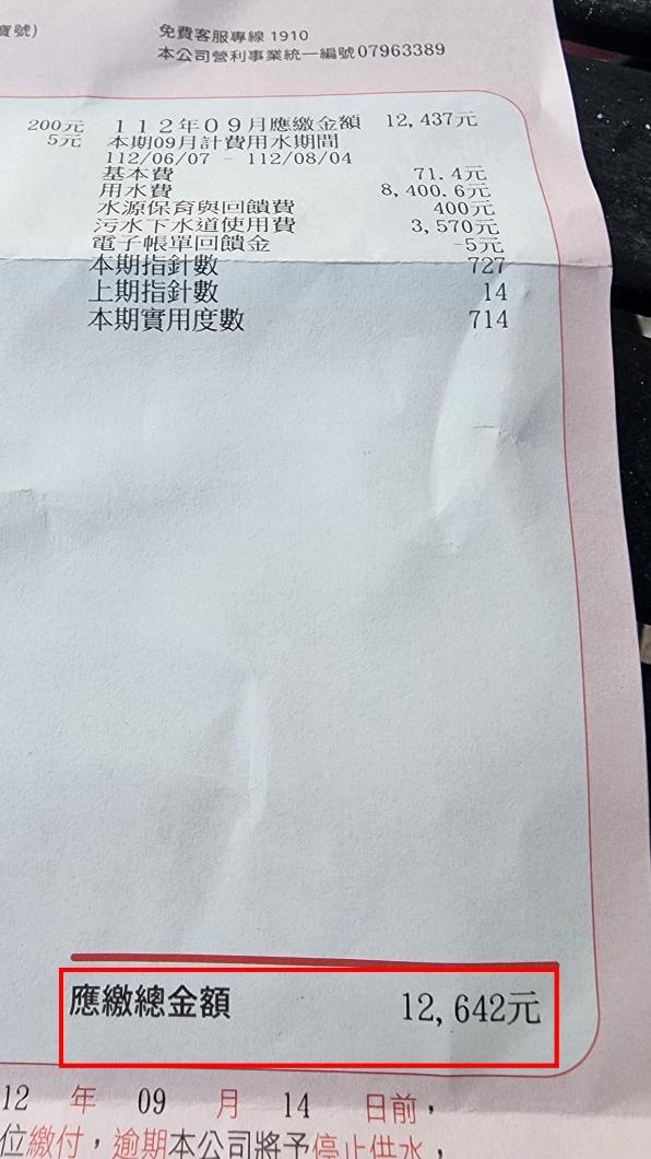 網友最新水費單應繳金額高達12642元。(圖/翻攝自臉書「爆料公社」)