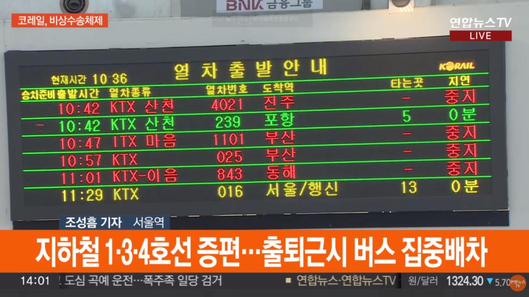 受到罷工行動影響,許多列車因此停駛。(圖/翻攝韓聯社YonhapnewsTV)
