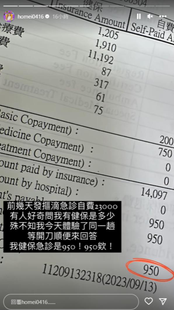何美透露健保急診自費950元，與沒有健保差很大。（圖／翻攝自何美IG）