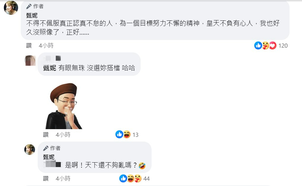 網友拱甄妮從政，她打趣回應。（圖／翻攝自甄妮臉書）