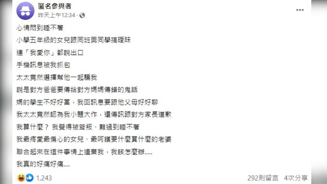 網友發現女兒偷偷跟同班男同學談戀愛。（圖／翻攝自匿名公社）