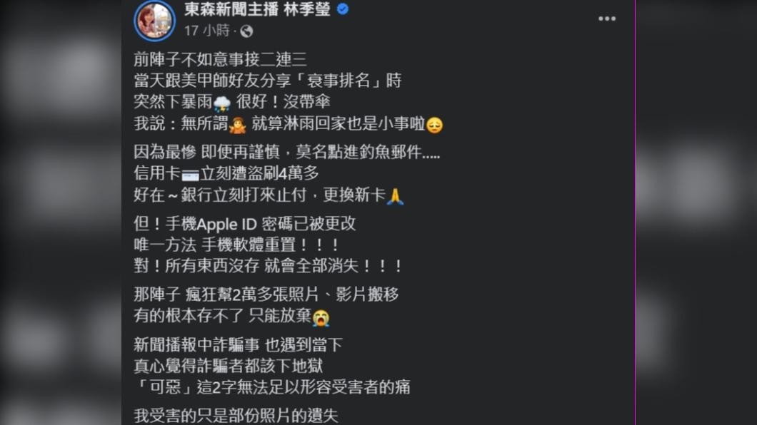 林季瑩在臉書上分享被盜刷的經驗。(圖 / 翻攝自林季瑩臉書)