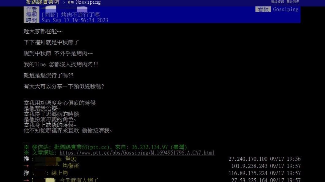 有網友在PTT上以「烤肉不流行了嗎?」為題發文。(圖/翻攝自PTT)